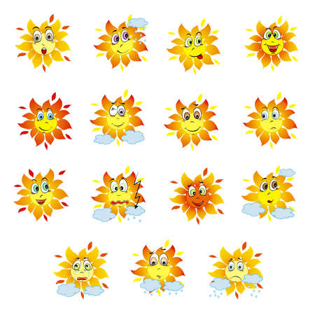 Set of yellow emojis sun isolated on white background. Vector illustrationのイラスト素材