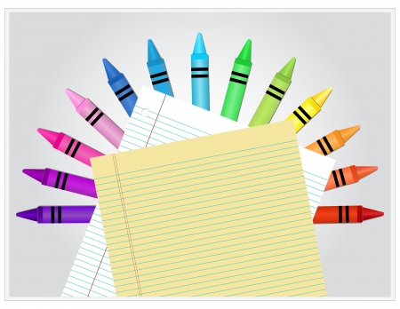 Crayons behind white and yellow lined paperのイラスト素材