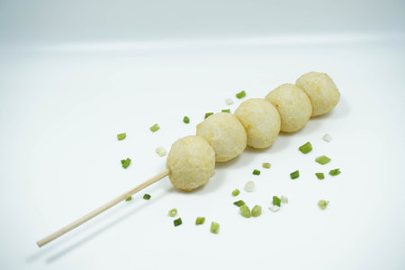 Close Up Meatballs Skewer Satay Isolated White Background