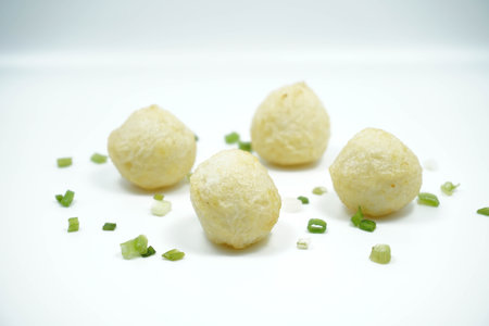 Close Up Fried Fish Balls or Bakso Isolated White Backgroundの写真素材