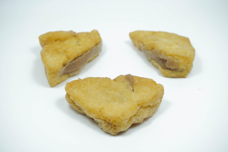 Close Up Fried Tofu or Tahu Bakso Isolated White Backgroundの写真素材