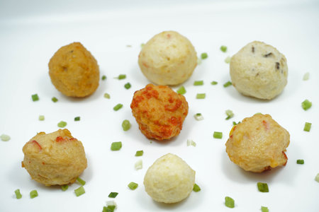 Top View Group of Fried Meatballs or Bakso Goreng Isolated White Background