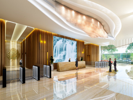 Interior of hotel reception and lobby with a beautiful waterfall on the backgroundの写真素材