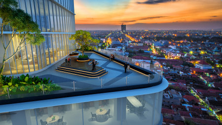 3D render of the top of the building with a view of the city.の写真素材
