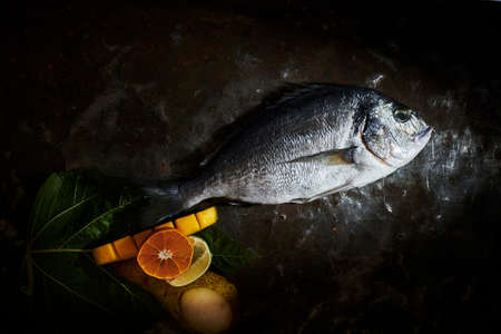 Uncooked gilt head bream on a plate with condiments franceの写真素材