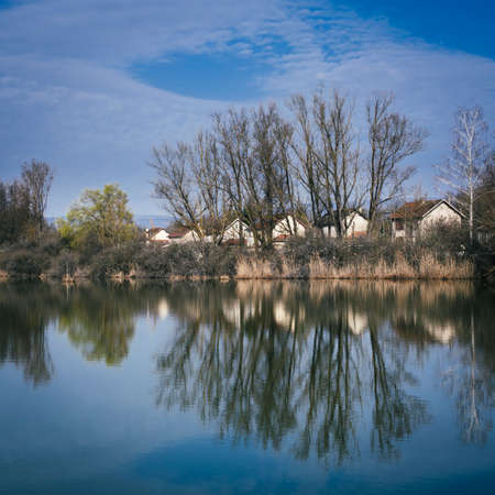 Landscape with trees, reflecting in the waterの写真素材