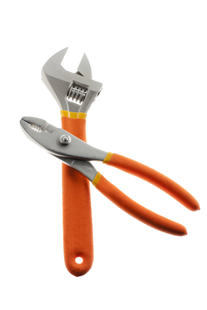 wrench and plier on whiteの写真素材