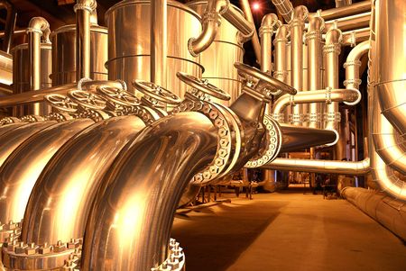 pipelines inside oil refinery. pipes, tubes, tanks, valves. 3D rendering illustration.