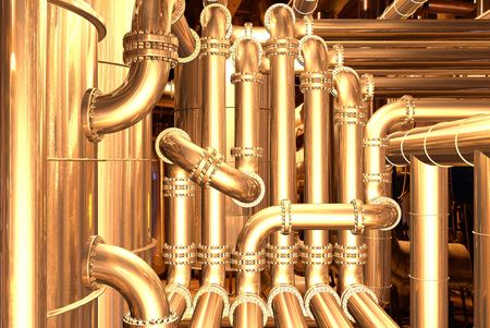 pipelines inside oil refinery. pipes, tubes, tanks, valves. 3D rendering illustration.の写真素材