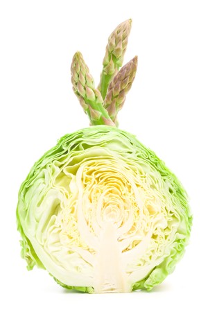 Sprouts of asparagus and cabbage slice on a white backgroundの写真素材