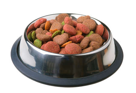 Dry dog food in metal plate isolated on white