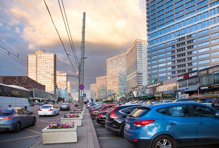 MOSCOW, RUSSIA - AUGUST 23, 2014: Buildings at New Arbat Street, in the rays of the evening sun. New Arbat is located in the central part of Moscowのeditorial素材