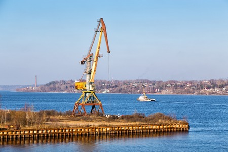 Port crane on the Volga River in the city of Kineshma. Russia