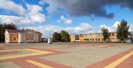 Panino, Russia - October 8, 2015: Panino, Russia - October 8, 2015: Buildings of the cinema Vostok and newspaper Nash Kraj. Urban village of Panino Voronezh region.のeditorial素材