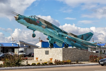 Panino, Russia - October 8, 2015: Monument Sukhoi Su-17. NATO reporting name: Fitter. Soviet fighter-bomber developed in first half of 1960s.のeditorial素材
