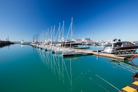 Sochi, Russia - February 9, 2016: Racing yacht in the port of Sochi on a sunny dayのeditorial素材