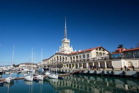 Sochi, Russia - February 9, 2016: Marine station - station complex Port of Sochi in the central region of Sochi, Krasnodar Krai, Russia.のeditorial素材