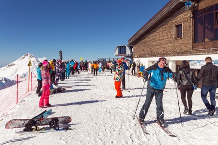 Sochi, Russia - February 10, 2016: Skiers and snowboarders in the ski resort of Rosa Khutor. Krasnaya Polyana.のeditorial素材