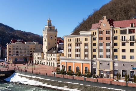 Sochi, Russia - February 10, 2016: Rosa Khutor Alpine Resort. Krasnaya Polyana, Krasnodar region, Sochi, Russia. Constructed from 2003 to 2011のeditorial素材