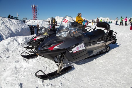 Sochi, Russia - February 10, 2016: Mountain lift in ski resort Rosa Khutor in Krasnaya Polyana - popular center of skiing and snowboardのeditorial素材