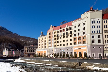 Sochi, Russia - February 10, 2016: Rosa Khutor Alpine Resort. Krasnaya Polyana, Krasnodar region, Sochi, Russia. Constructed from 2003 to 2011のeditorial素材