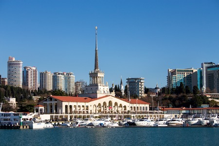 Sochi, Russia - February 9, 2016: Marine station - station complex Port of Sochi in the central region of Sochi, Krasnodar Krai, Russia.のeditorial素材
