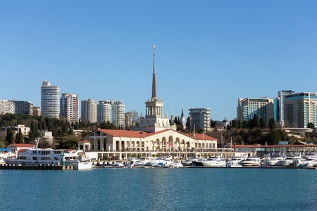 Sochi, Russia - February 9, 2016: Marine station - station complex Port of Sochi in the central region of Sochi, Krasnodar Krai, Russia.のeditorial素材