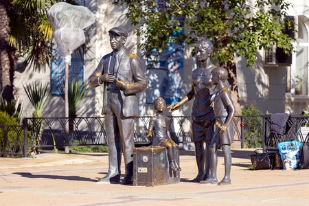 Sochi, Russia - February 9, 2016: The monument to the heroes of the Comedy directed by Leonid Gaidai The Diamond Arm, mounted in Sochi near the building of the marine station.のeditorial素材