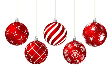 Red christmas balls with different patterns on white. Vector illustration.のイラスト素材