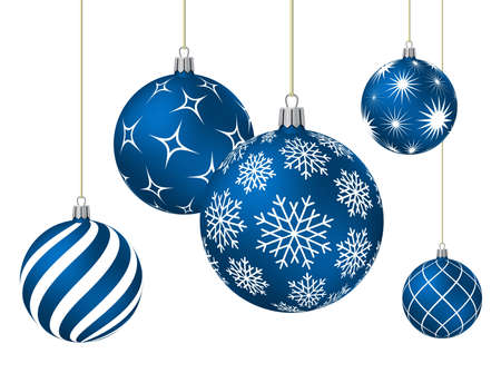 Blue christmas balls with different patterns on white. Vector illustration.のイラスト素材