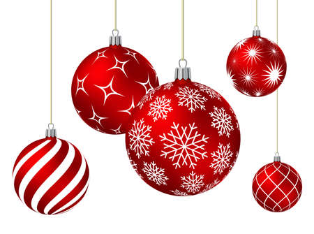 Red christmas balls with different patterns on white. Vector illustration.のイラスト素材