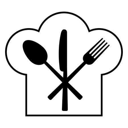 Fork, knife and spoon on a background of a headdress of the cook. Vector illustrationのイラスト素材