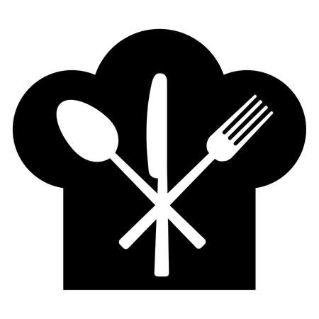 Fork, knife and spoon on a background of a headdress of the cook. Vector illustrationのイラスト素材