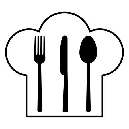 Fork, knife and spoon on a background of a headdress of the cook. Vector illustrationのイラスト素材