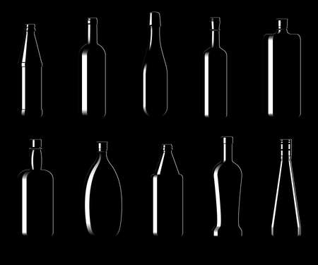 Collection of bottles of different shapes on a black background. Vector illustrationのイラスト素材