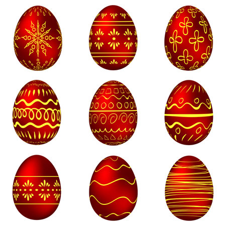 A set of red Easter eggs with yellow patterns. Vector illustrationのイラスト素材
