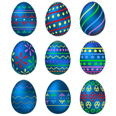 A set of blue Easter eggs with colorful patterns. Vector illustrationのイラスト素材