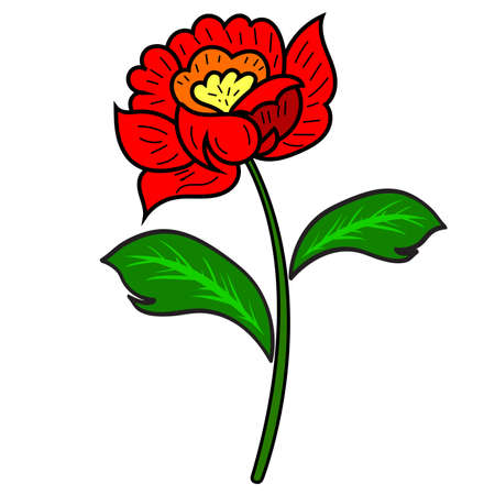 Red flower with a stem and leaves on a white background. Vector illustrationのイラスト素材