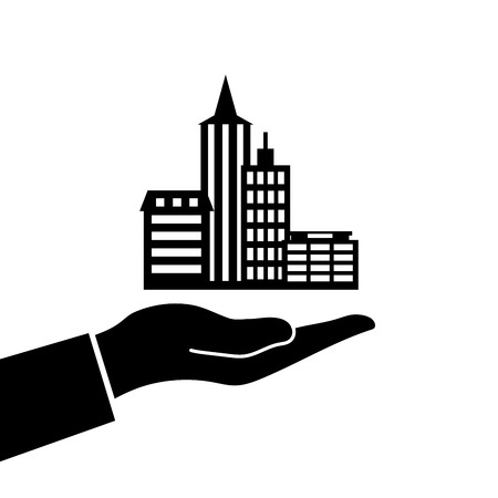 City houses in hand. Vector illustration on white backgroundのイラスト素材