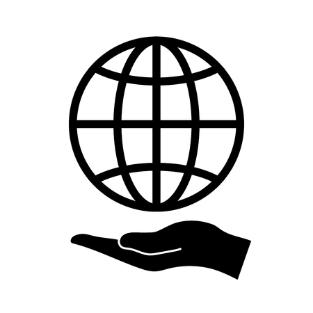 The hand holds the globe on a white background. Vector illustrationのイラスト素材