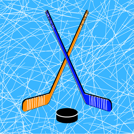 Two crossed hockey sticks and a puck. Vector illustrationのイラスト素材