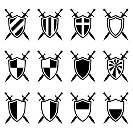 Shield and swords icon on white background. Collection. Vector illustrationのイラスト素材