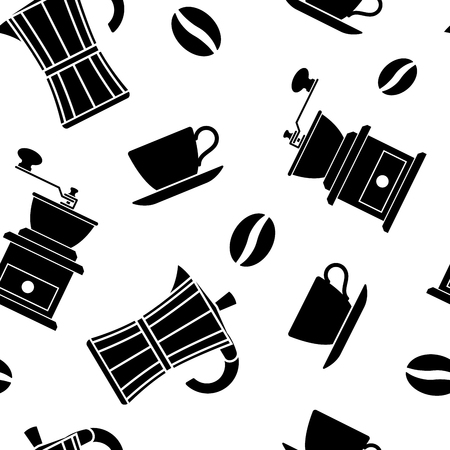 Seamless pattern. Coffee beans, Cup, coffeemaker. Endless texture for cafe menu, wrapping paper and other thingsのイラスト素材