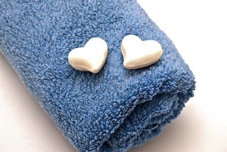 Blue towels and soapsの写真素材