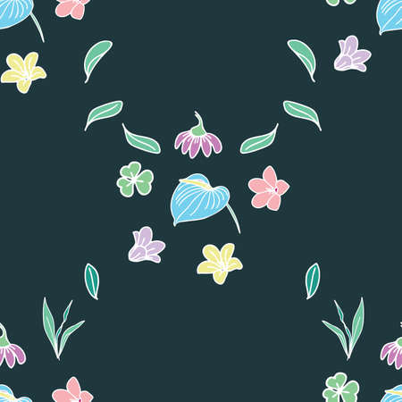 Vector green purple yellow flower oblique seamless pattern. trend print for textiles and wallpaper.のイラスト素材