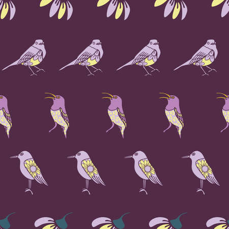 Vector purple yellow birds horizontal seamless pattern. trend print for textiles and wallpaper.のイラスト素材