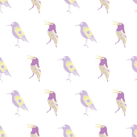 Vector purple yellow birds and flower horiztontal seamless pattern isolated on a white background. Print for bed linen. trend print for textiles and wallpaperのイラスト素材