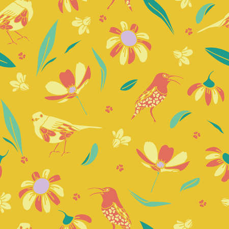 Vector Yellow salmon birds and leaves seamless pattern on a yellow background. Vector design for print paper, cover, fabric, interior and other usersのイラスト素材