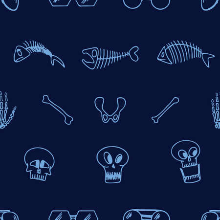 seamless horizontal pattern of skull, hand leg and fish bones on dark blue background. Vector Happy Halloween greeting card and trick or treat.のイラスト素材