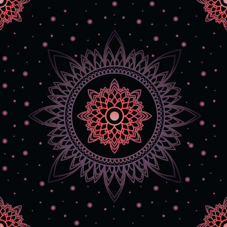 Seamless vector pattern. with Hand drawn mandala design with dots. isolated on a black background. Perfect for printing on fabric or paper.のイラスト素材